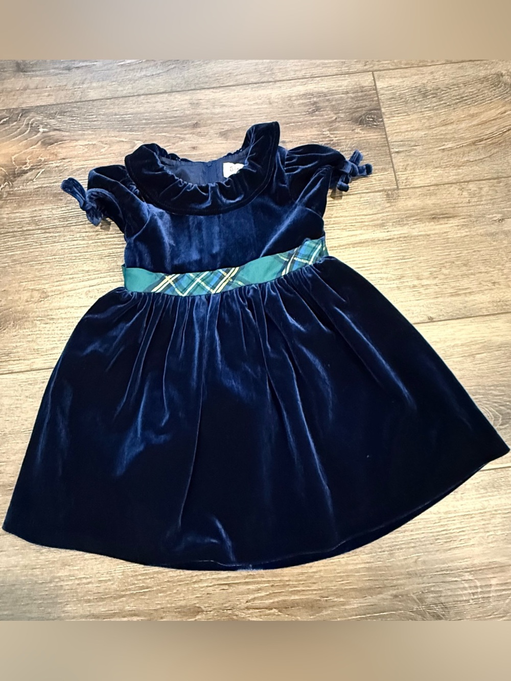 Biscotti Navy Velvet Baby Girl Dress with Plaid Green Sash